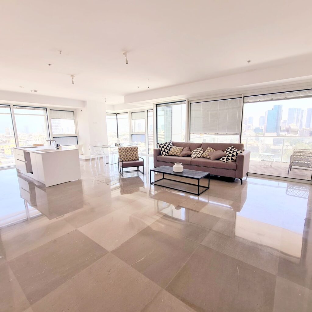 Spacious living room in a luxury apartment in Rothschild Tower, Tel Aviv