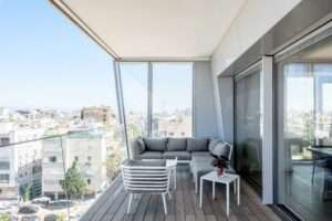 Sea-view balcony in a luxury apartment for rent across from Gordon Beach Tel Aviv