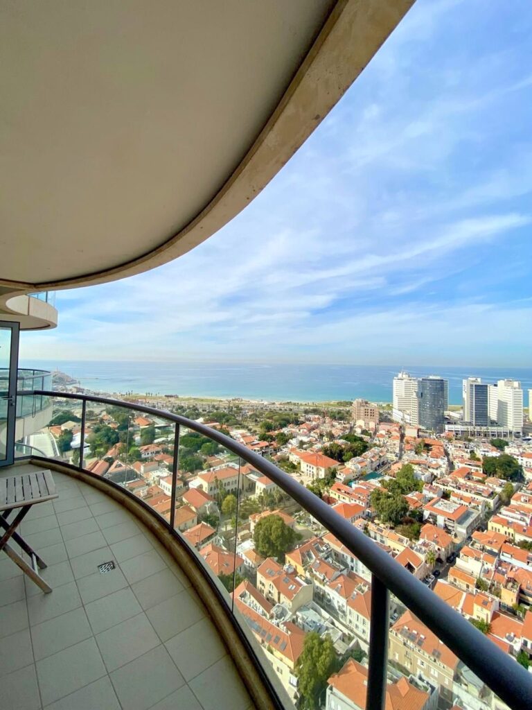 Panoramic sea view apartment for sale in Neve Tzedek, Tel Aviv, featuring 92 sqm, private parking, and a balcony.