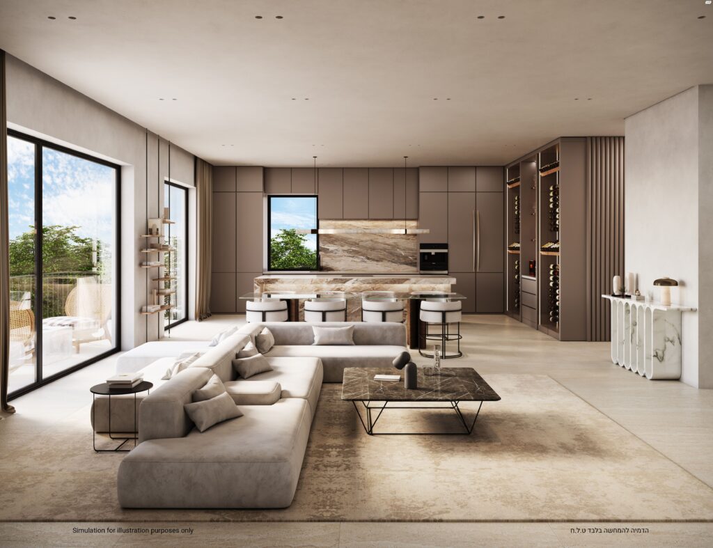 Living and dining area in new apartment for sale near Rothschild Tel Aviv
