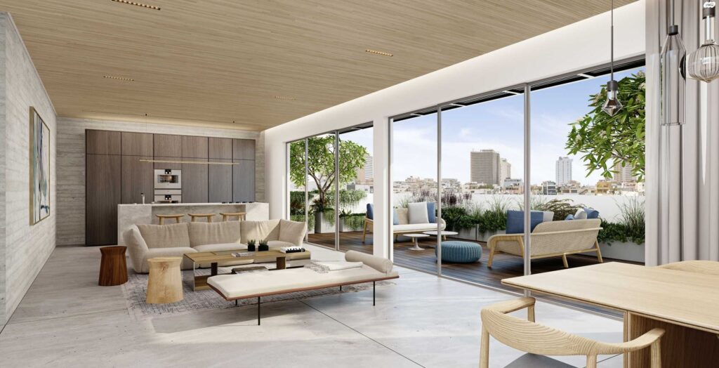 Modern penthouse living room with open kitchen and large terrace in Tel Aviv