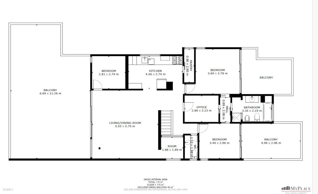 Floorplan of 4-room penthouse for sale on Gordon Beach