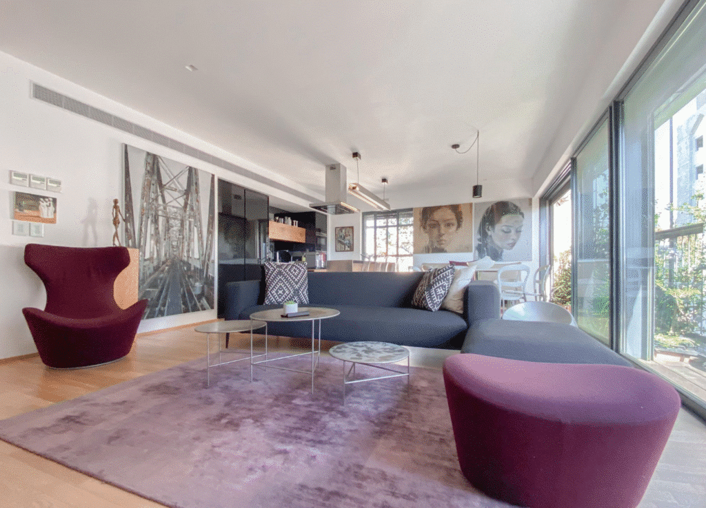 Elegant living room with floor-to-ceiling windows