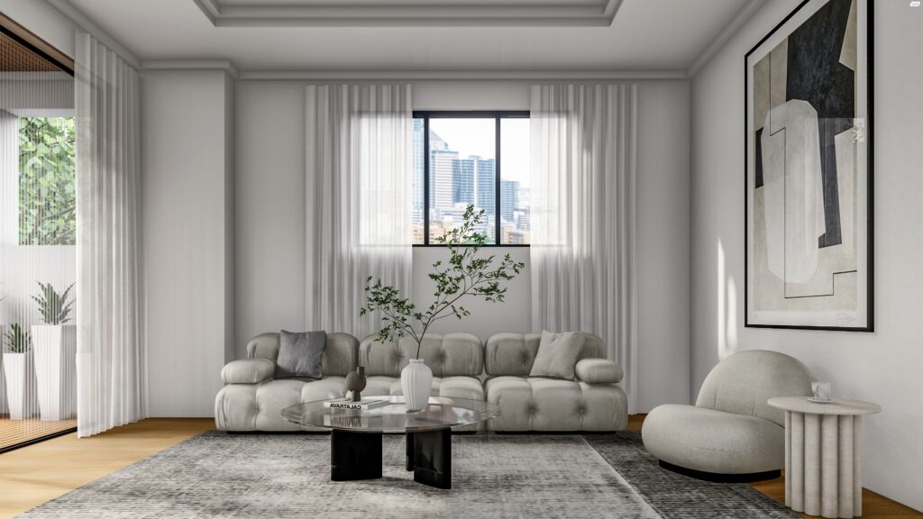 Modern living room with city view