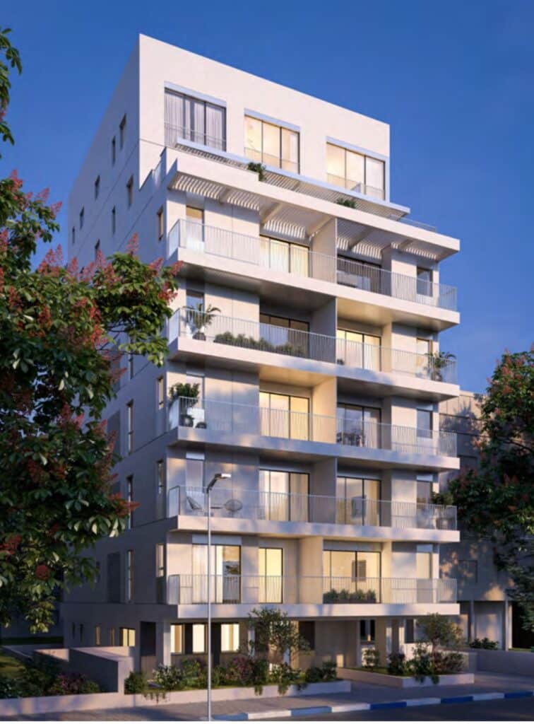 Front view of Milano Square apartment building with terraces – evening lighting