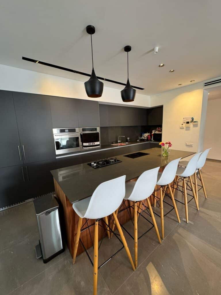 Modern designer kitchen with island in Tel Aviv apartment