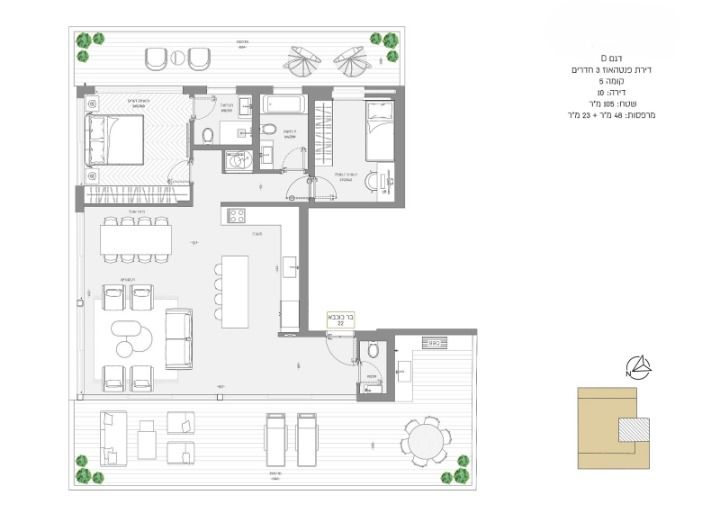 Floor plan of 3-room penthouse apartment with terrace in central Tel Aviv