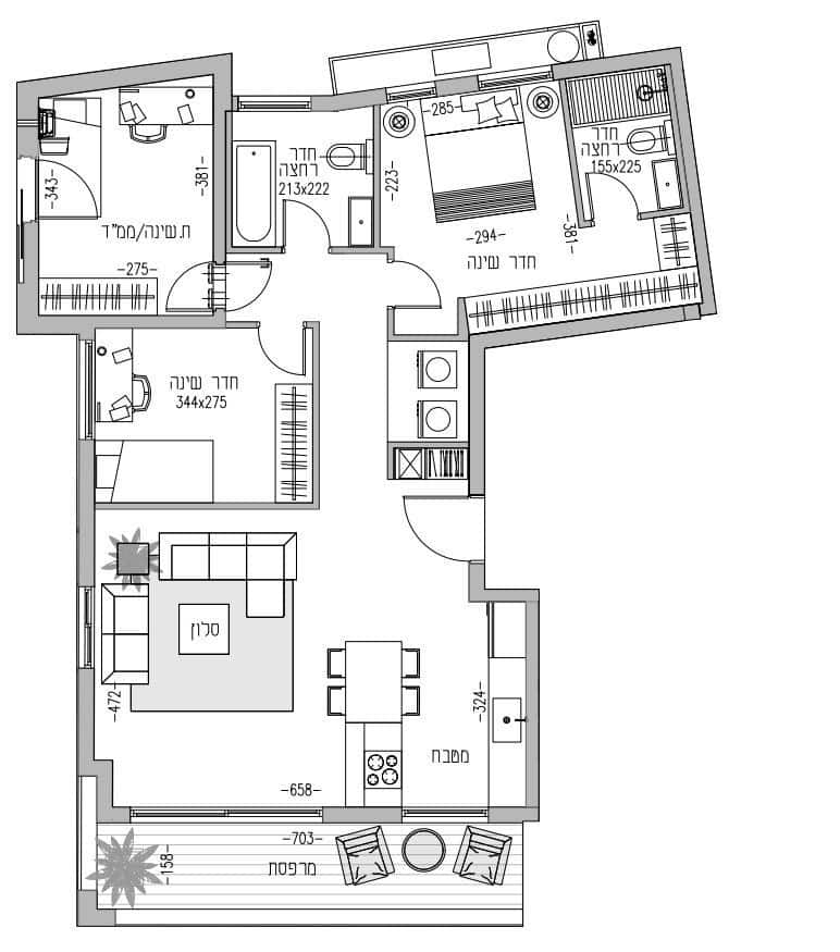 Floor plan of 4-room apartment with balcony and open living space