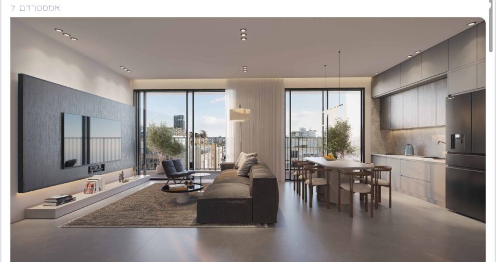 Elegant open-plan living and dining space with balcony views in Tel Aviv
