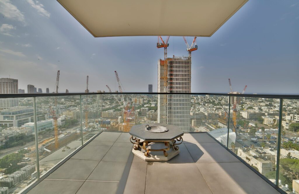 Sea and skyline view from balcony in Gymnasia Tower Tel Aviv