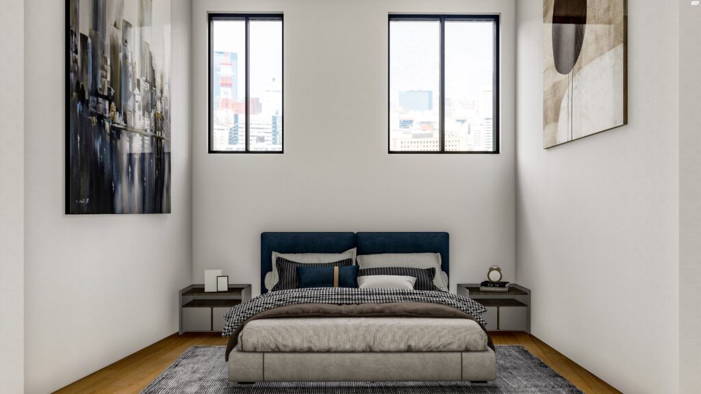 Minimalist bedroom with large windows and cityscape view