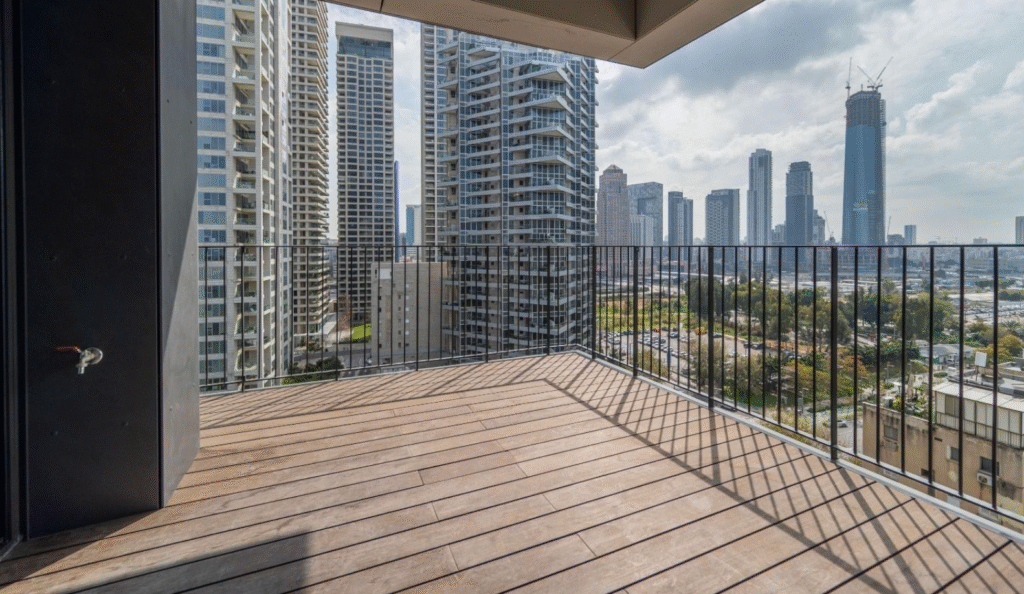 Spacious private balcony with skyline views in Tel Aviv