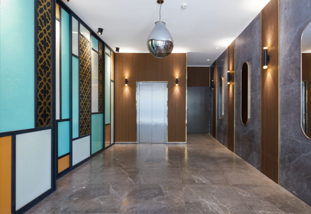 Stylish lobby with modern elevator in new Tel Aviv apartment building