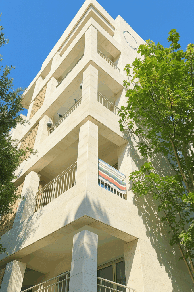 Modern residential building exterior on Dizengoff Street, Tel Aviv