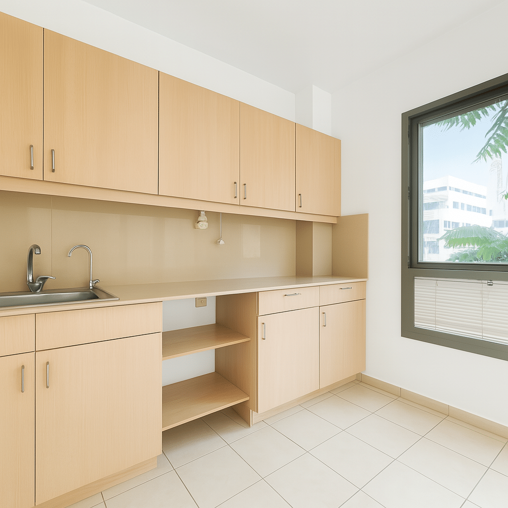 Spacious living area with kitchenette and balcony access in renovated Dizengoff apartment