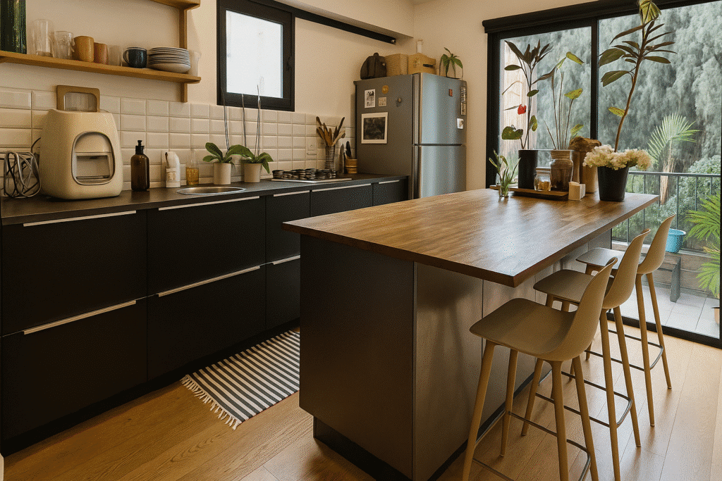 Stylish kitchen with island and floor-to-ceiling glass wall