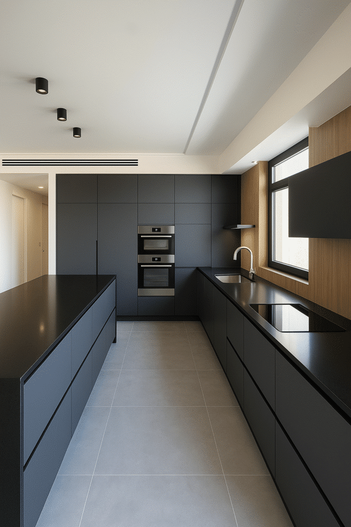 Full modern kitchen with built-in appliances and sleek island design