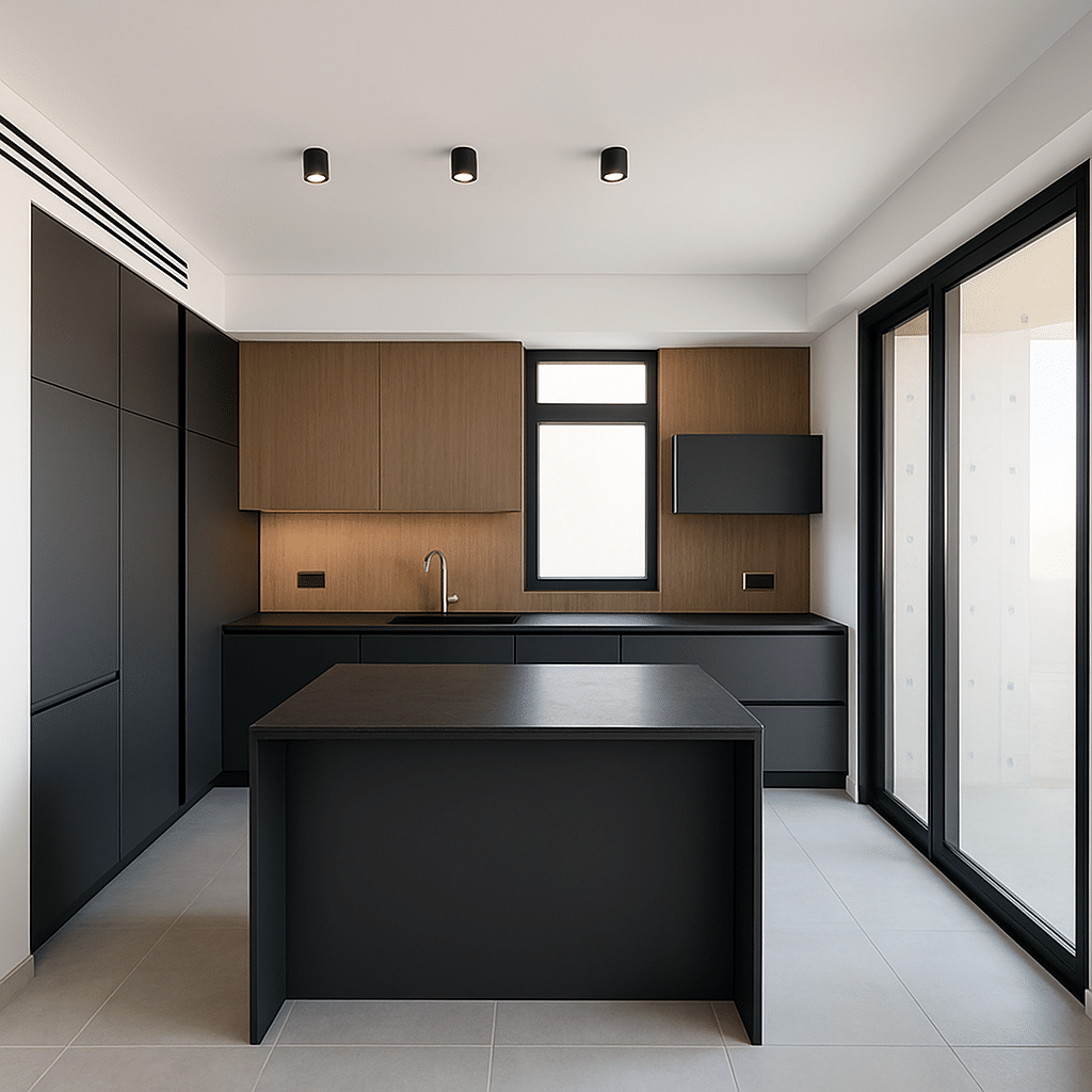 High-end SEMEL kitchen with black and wood finish in modern Tel Aviv apartment