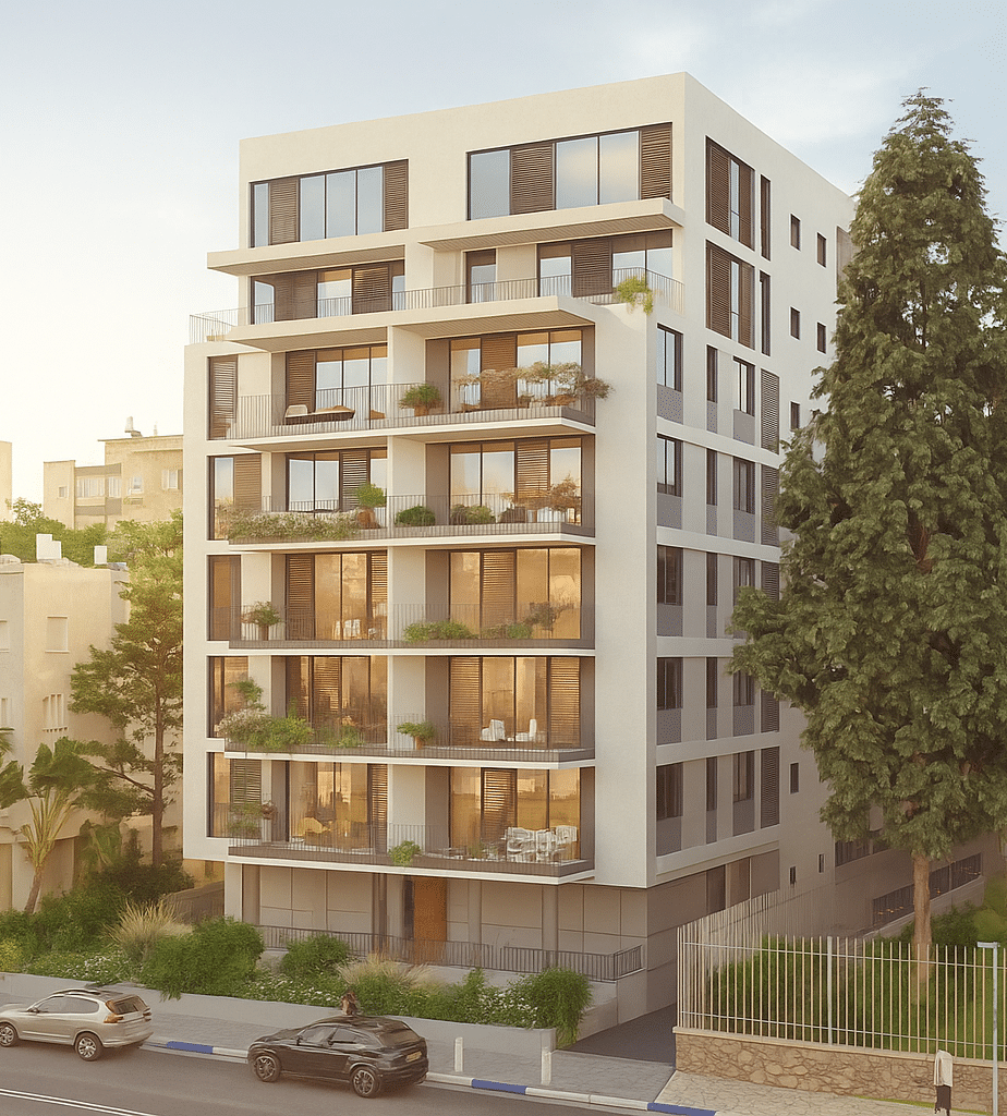 Modern building on Bnei Dan Street with park-facing balconies