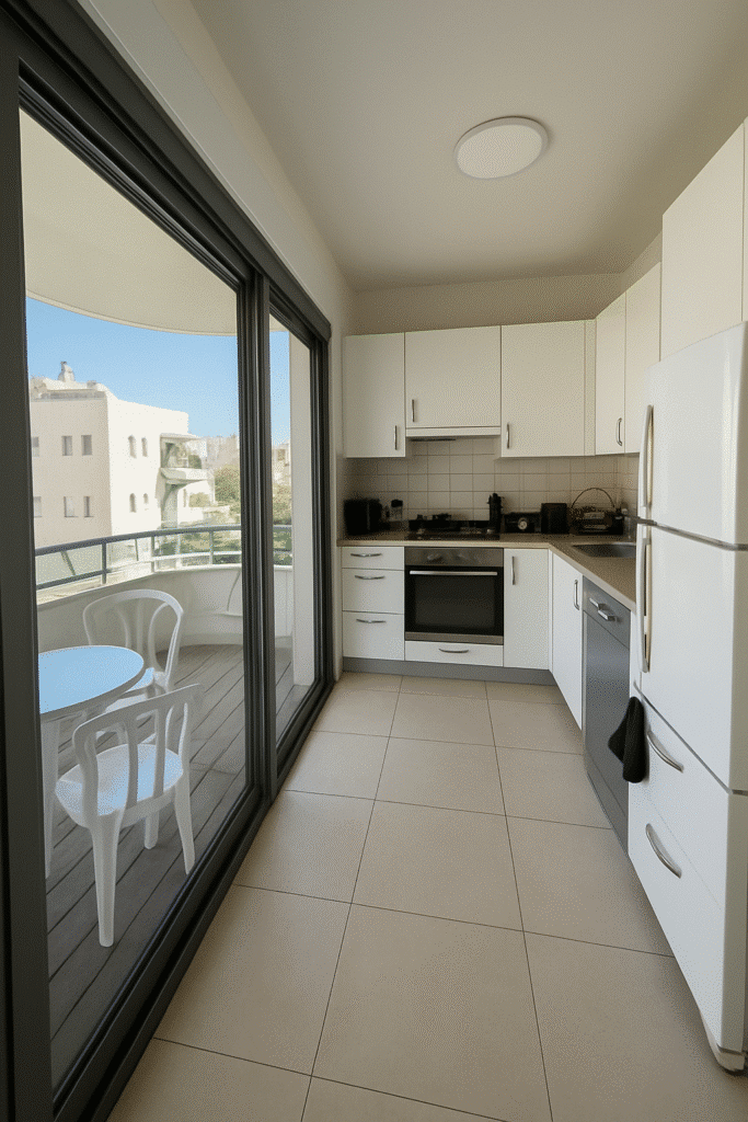 Modern kitchen with balcony access in Tel Aviv rental apartment