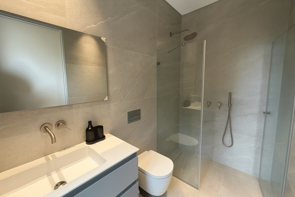 Modern bathroom with walk-in shower and minimalist design
