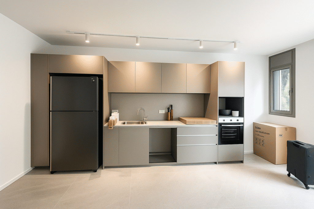 Contemporary kitchen with induction cooktop, oven, and dishwasher
