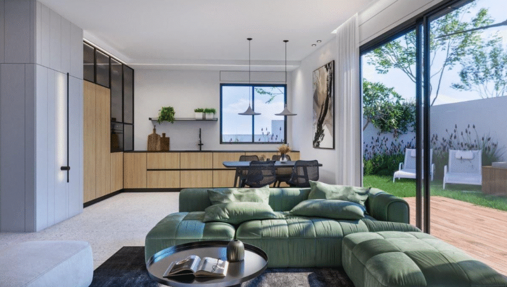 Modern living room and kitchen in Tel Aviv garden apartment