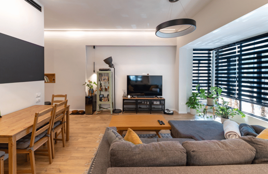Modern open-plan living room with large windows and stylish furniture in Tel Aviv apartment