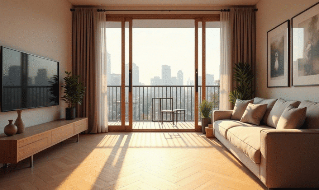 Bright living room in Tel Aviv apartment with city skyline and sunny balcony