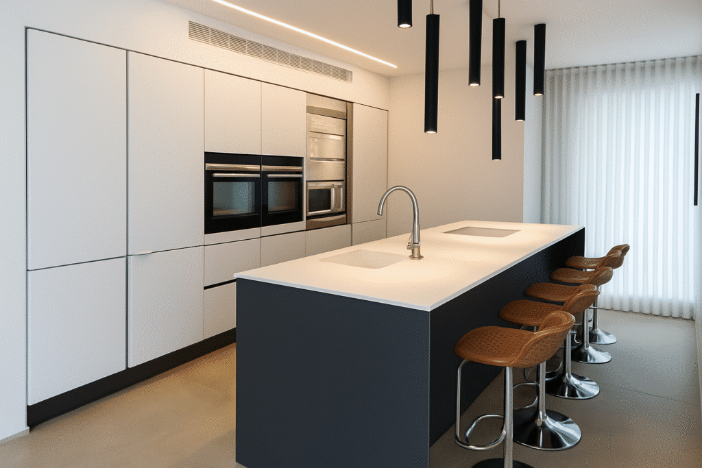 Luxury modern kitchen with island and bar stools in Tel Aviv apartment