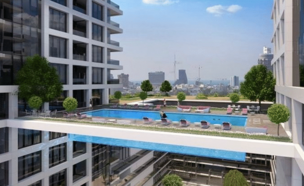 Rooftop swimming pool between luxury towers in Tel Aviv's Vinci Project