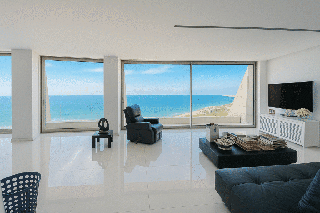 Modern sea view living room with panoramic Mediterranean views