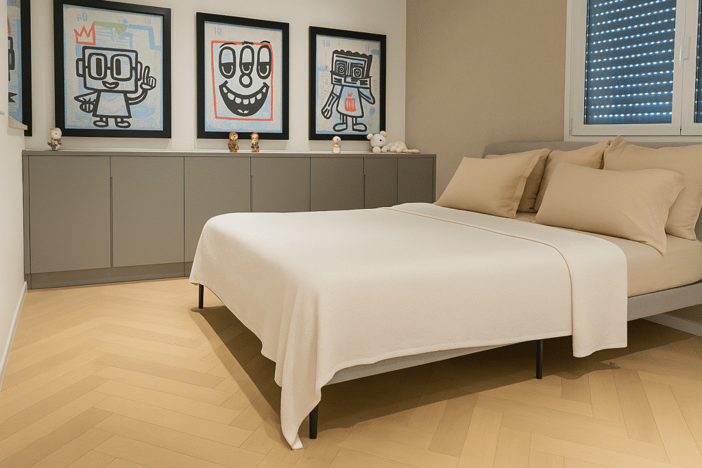 Cozy bedroom with parquet floors and modern art in North Tel Aviv apartment