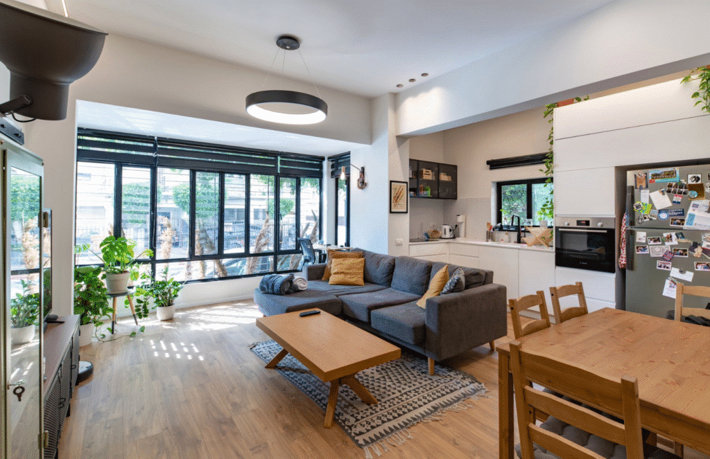 Bright and airy open-plan living space with kitchen in Tel Aviv flat