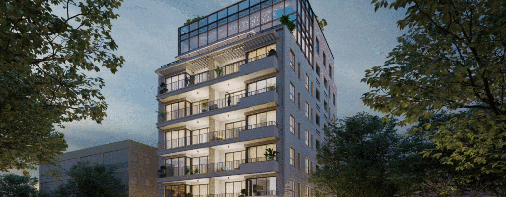 Modern boutique apartment building in Tel Aviv at dusk