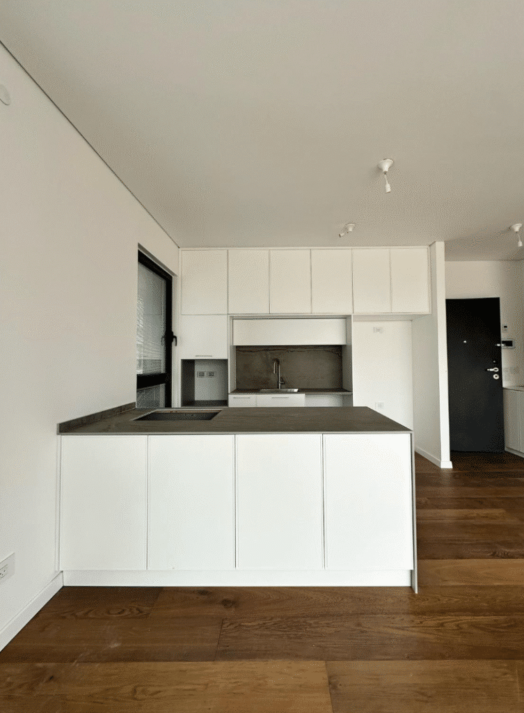 Open plan kitchen with minimalist cabinetry in Tel Aviv apartment