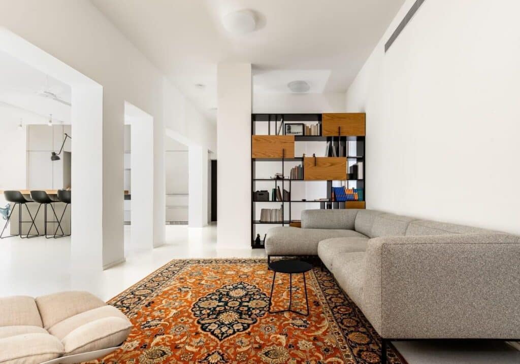 Stylish living room with vintage rug, modern sofa, and bookshelf in Tel Aviv apartment