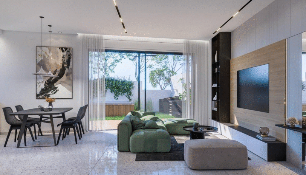 Spacious living room with garden view and modern decor