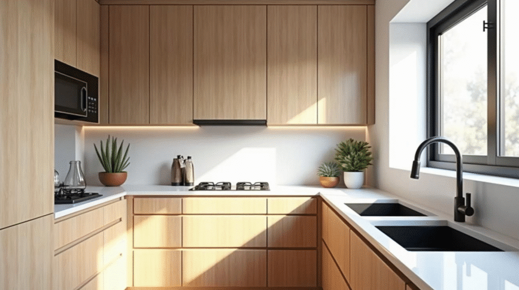 Modern kitchen with wood cabinetry and large window in Tel Aviv apartment