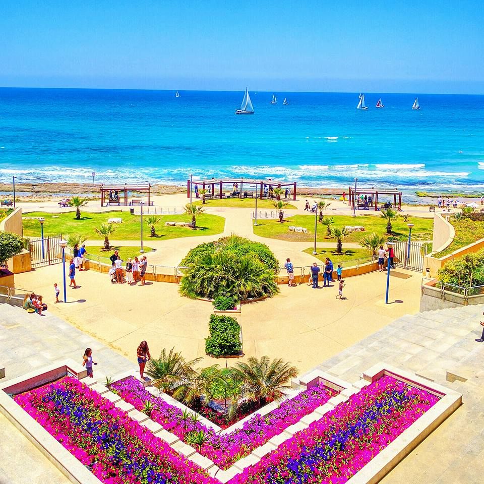 Colorful beachfront promenade and park in North Tel Aviv