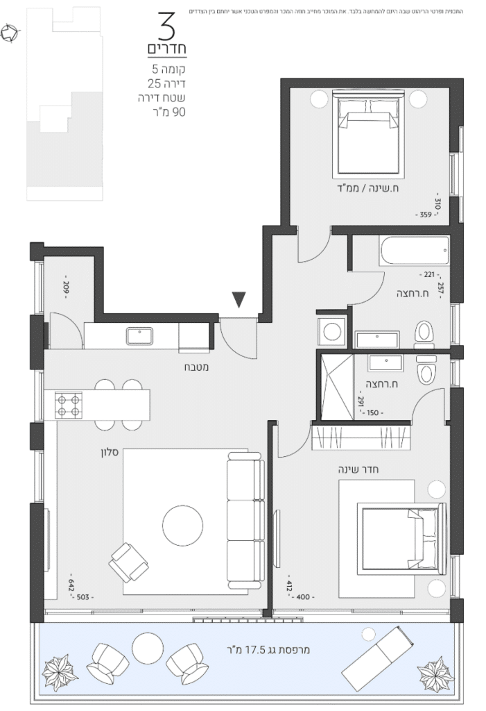 Floor plan of 3-room penthouse apartment in Tel Aviv