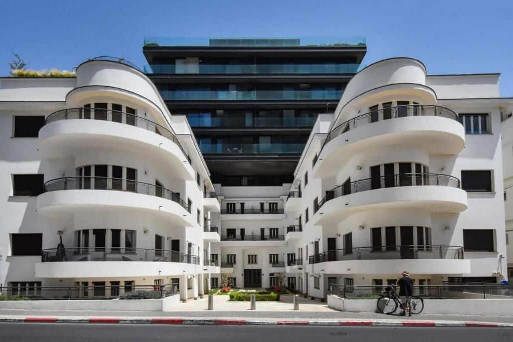 Restored Bauhaus building exterior on Mendele/HaYarkon Street, Tel Aviv