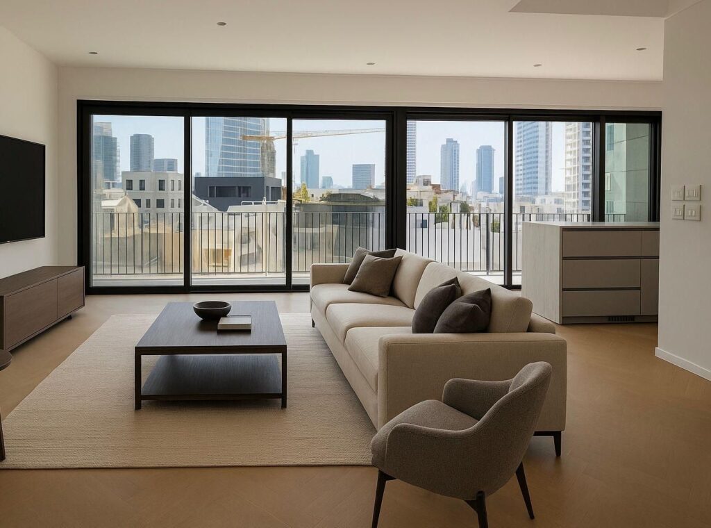 Modern living room with panoramic windows overlooking Tel Aviv skyline