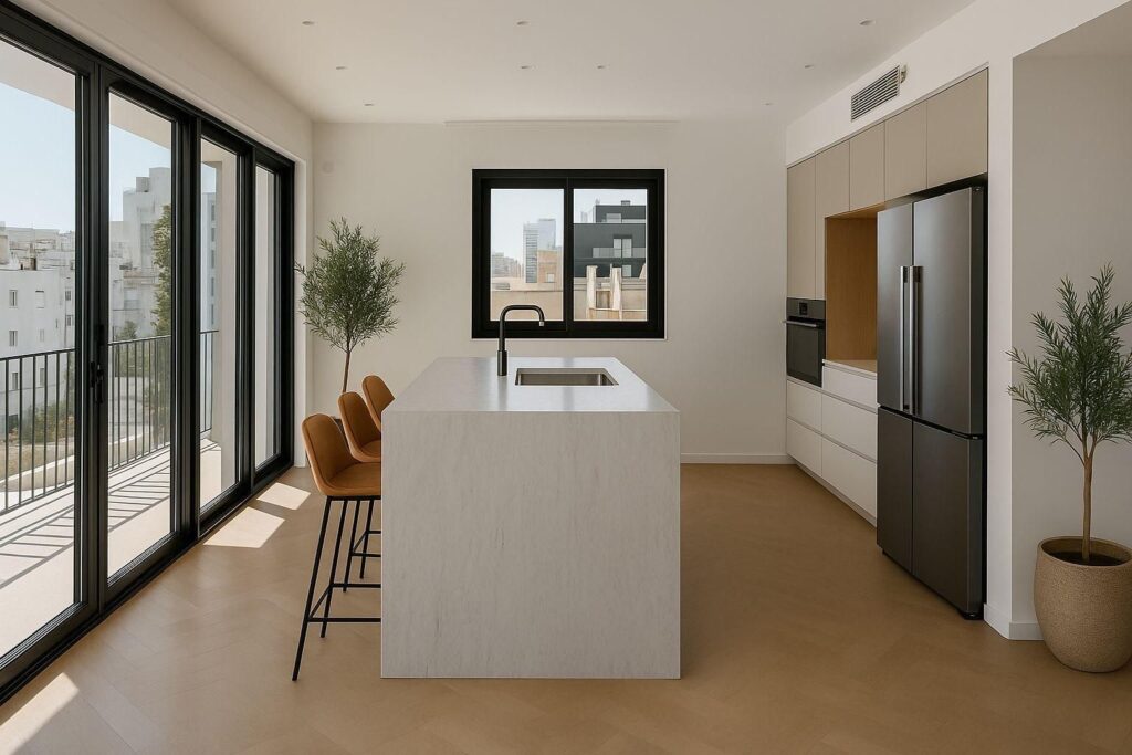 Contemporary kitchen with island and integrated appliances in Tel Aviv flat