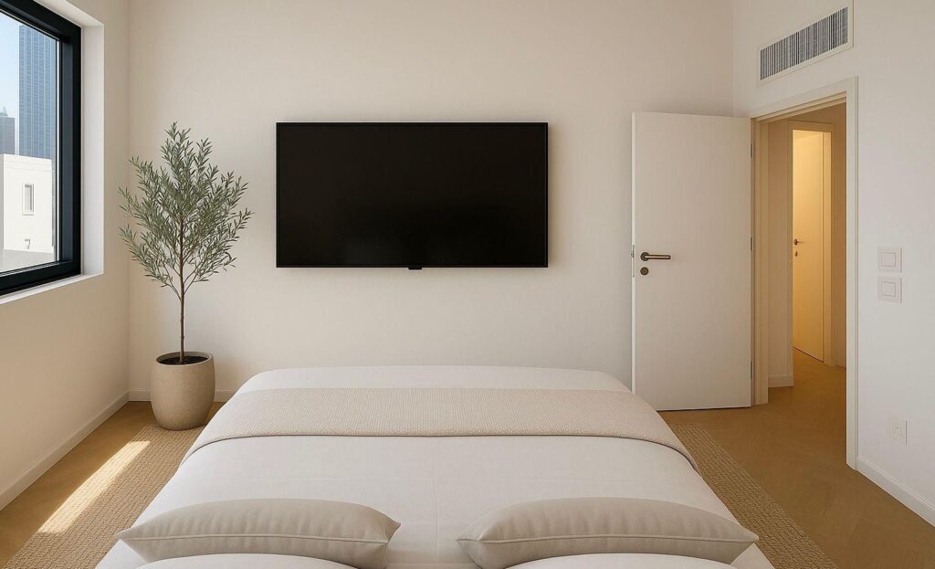 Minimalist bedroom with built-in TV and large window in Tel Aviv apartment