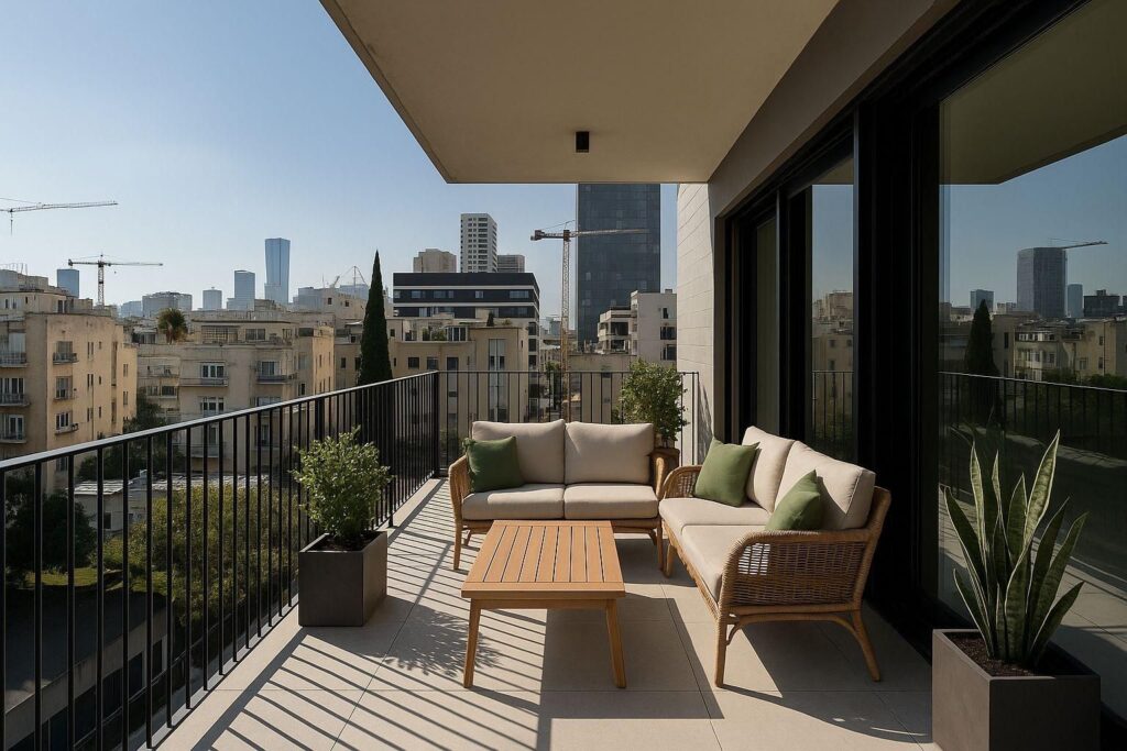 Furnished balcony overlooking Kikar HaMedina and Tel Aviv skyline