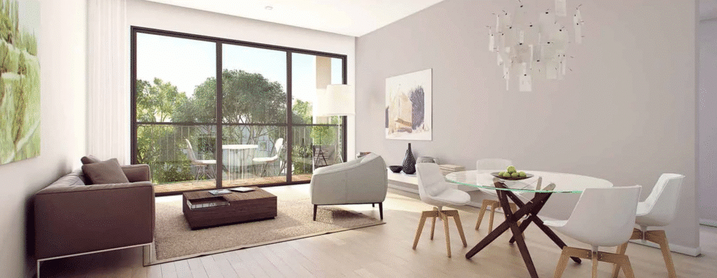 Bright and modern living room with balcony access