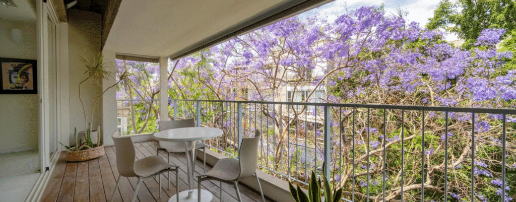 Blooming balcony view from apartment in Tel Aviv near Habima