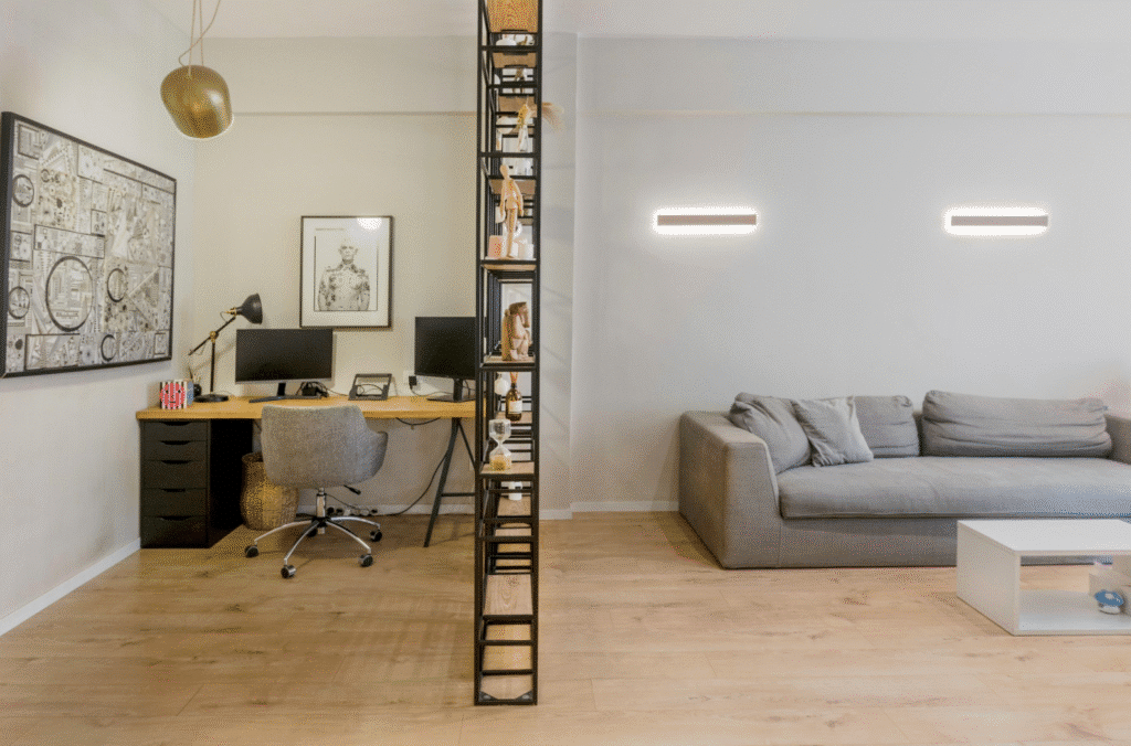 Stylish home office and lounge area with modern lighting