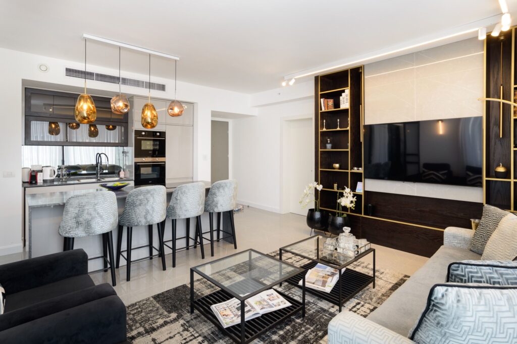 Modern luxury living room and kitchen in Geula 14 apartment Tel Aviv